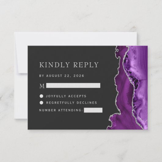 Paarse Silver Agate Dark Wedding RSVP Kaartje (Voorkant)