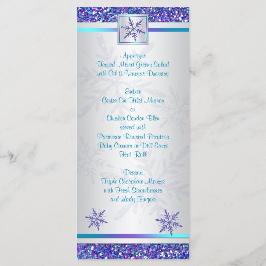 Paarse Silver Aqua Glitter Sneeuwvlokken Menu Kaar (Achterkant)