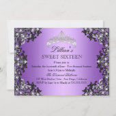 Paarse Silver Black Damask Tiara Sweet 16 Invite Kaart (Voorkant)