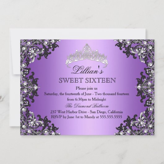 Paarse Silver Black Damask Tiara Sweet 16 Invite Kaart (Voorkant)