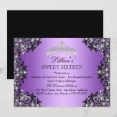 Paarse Silver Black Damask Tiara Sweet 16 Invite Kaart (Voorkant / Achterkant)