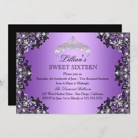 Paarse Silver Black Damask Tiara Sweet 16 Invite Kaart (Voorkant / Achterkant)