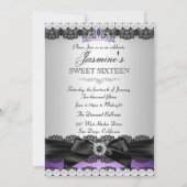 Paarse Silver Black Lace Sweet 16 Birthday Party 2 Kaart (Achterkant)