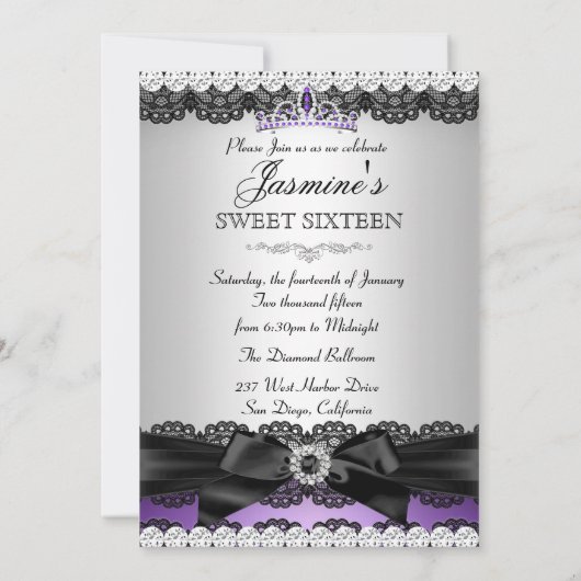 Paarse Silver Black Lace Sweet 16 Birthday Party 2 Kaart (Achterkant)