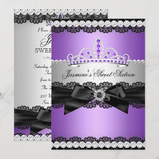 Paarse Silver Black Lace Sweet 16 Birthday Party 2 Kaart (Voorkant / Achterkant)