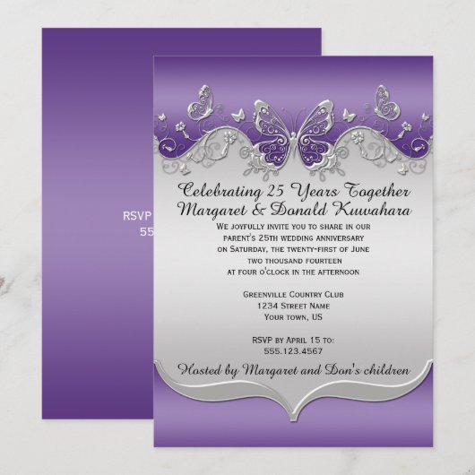 Paarse Silver  Butterflies 25e Jubileum Kaart (Voorkant / Achterkant)