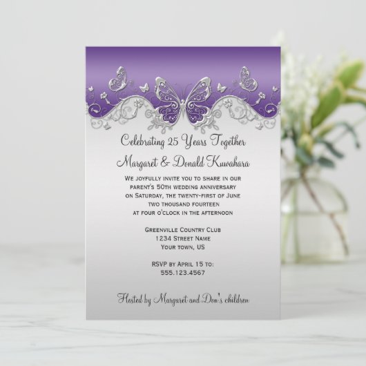 Paarse Silver Butterflies 25e Jubileum Kaart (Staand voorkant)