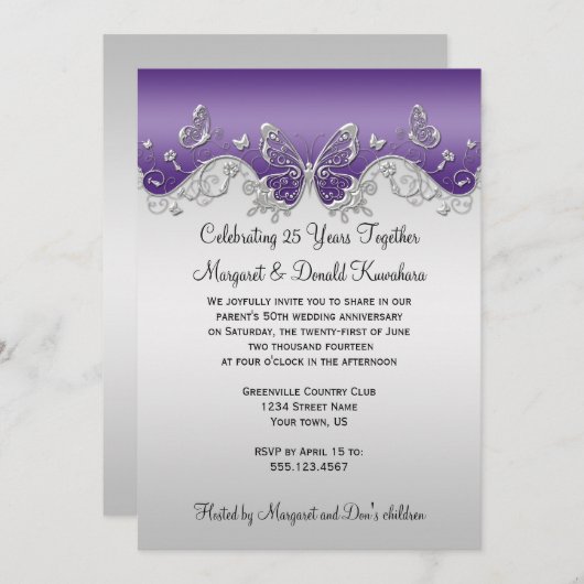 Paarse Silver Butterflies 25e Jubileum Kaart (Voorkant / Achterkant)