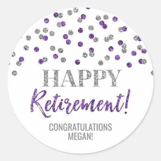 Paarse Silver Confetti Happy Retirement Ronde Sticker (Voorkant)