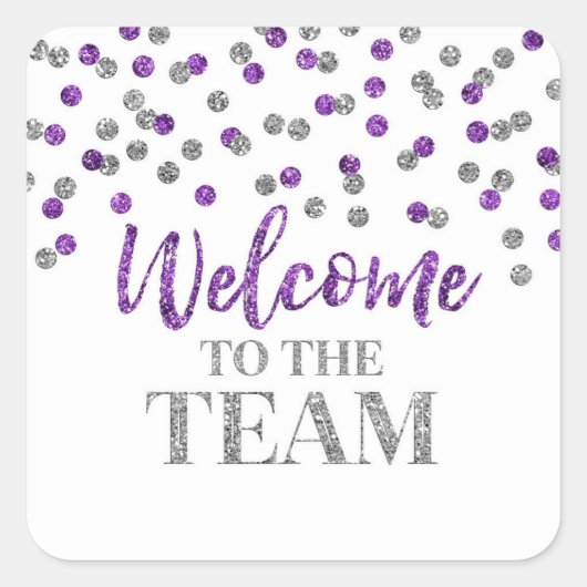 Paarse Silver Confetti Welkom bij Team Vierkante Sticker (Voorkant)