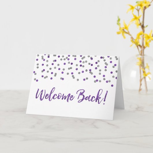 Paarse Silver Confetti Welkomstback Kaart (Gele Bloem)