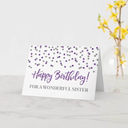 Paarse Silver Confetti Zuster Birthday Kaart (Gele Bloem)