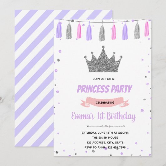 Paarse Silver Crown Princess verjaardagsuitnodigin Kaart (Voorkant / Achterkant)
