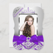 Paarse Silver Damask & Tiara Foto Quinceanera Kaart (Voorkant)