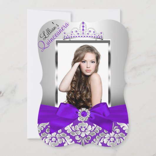 Paarse Silver Damask & Tiara Foto Quinceanera Kaart (Voorkant)