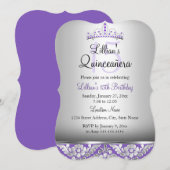 Paarse Silver Damask & Tiara Quinceanera Invite Kaart (Voorkant / Achterkant)