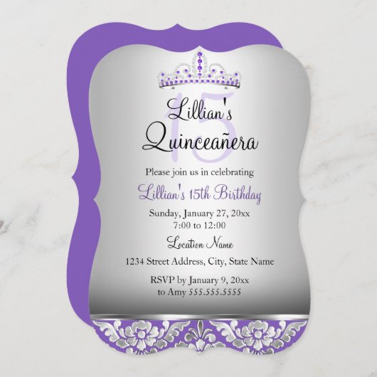 Paarse Silver Damask & Tiara Quinceanera Invite Kaart (Voorkant / Achterkant)