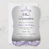 Paarse Silver Damask & Tiara Quinceanera Invite Kaart (Voorkant)