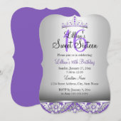 Paarse Silver Damask & Tiara Sweet 16 Invite Kaart (Voorkant / Achterkant)