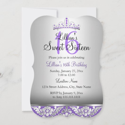 Paarse Silver Damask & Tiara Sweet 16 Invite Kaart (Voorkant)