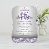 Paarse Silver Damask & Tiara Sweet 16 Invite Kaart (Staand voorkant)