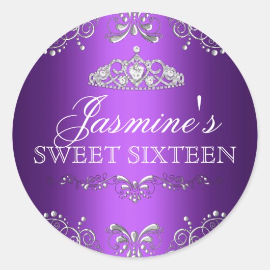 Paarse Silver Damask & Tiara Sweet 16 Sticker (Voorkant)