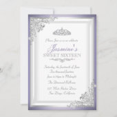 Paarse Silver Damask & Tiara Sweet 16 Uitnodiging (Voorkant)