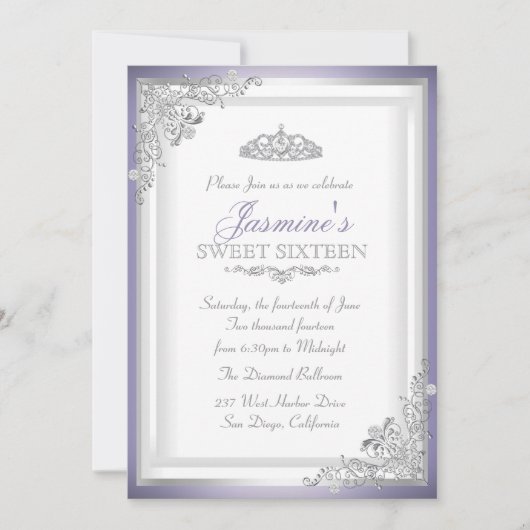 Paarse Silver Damask & Tiara Sweet 16 Uitnodiging (Voorkant)