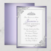 Paarse Silver Damask & Tiara Sweet 16 Uitnodiging (Voorkant / Achterkant)