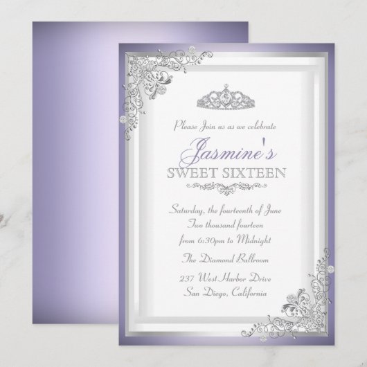 Paarse Silver Damask & Tiara Sweet 16 Uitnodiging (Voorkant / Achterkant)