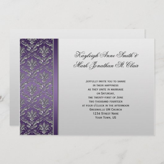 Paarse Silver Damask Wedding Uitnodiging (Voorkant / Achterkant)