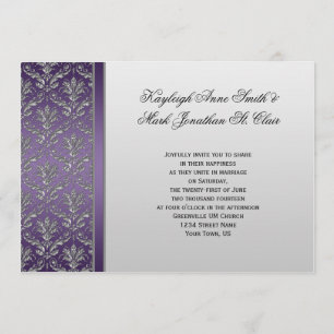 Paarse Silver Damask Wedding Uitnodiging