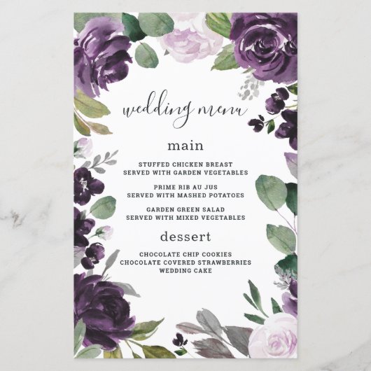 Paarse Silver Elegant Floral Wedding Menu Kaarten (Voorkant)