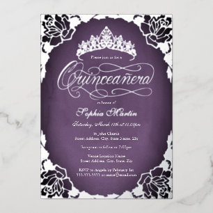 Paarse Silver Elegant Script Roos Quinceanera Folie Uitnodiging