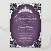 Paarse Silver Elegant Script Roos Quinceanera Folie Uitnodiging (Voorkant)