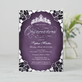 Paarse Silver Elegant Script Roos Quinceanera Folie Uitnodiging (Staand Voorkant)