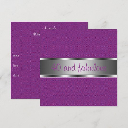 Paarse Silver Fabulous 40th Birthday Party Kaart (Voorkant / Achterkant)