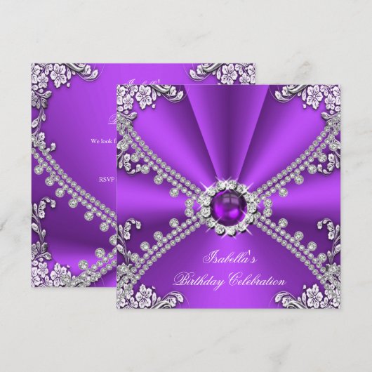 Paarse Silver Faux Diamond Jewel Birthday Party Kaart (Voorkant / Achterkant)