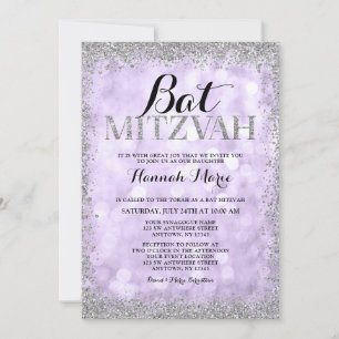 Paarse Silver Faux Glitter Lights Bat Mitzvah Kaart
