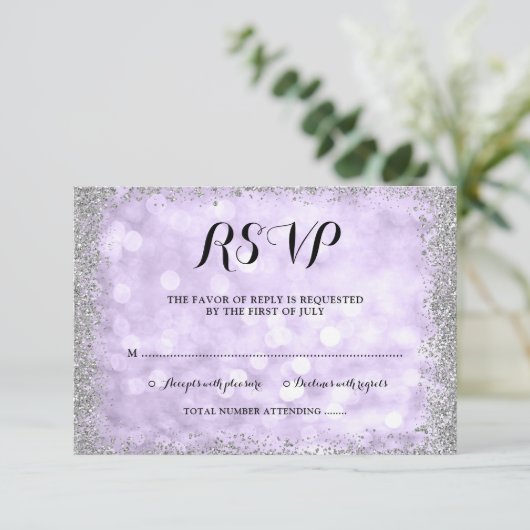 Paarse Silver Faux Glitter Lights Bat Mitzvah RSVP Kaartje (Staand voorkant)