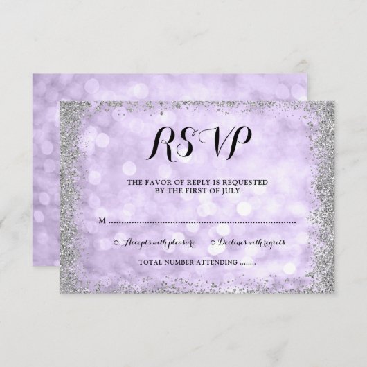 Paarse Silver Faux Glitter Lights Bat Mitzvah RSVP Kaartje (Voorkant / Achterkant)