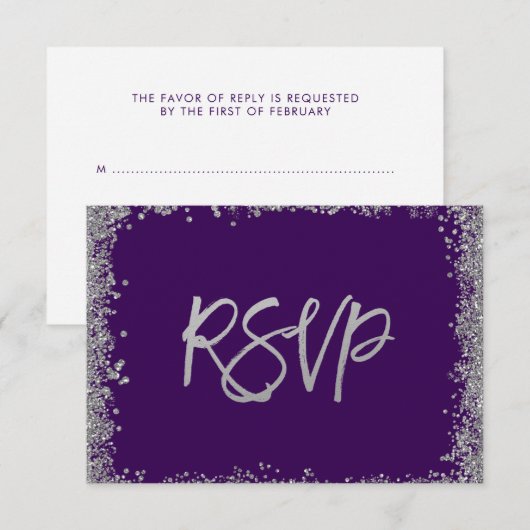 Paarse Silver Faux Glitter RSVP Kaartje (Voorkant / Achterkant)