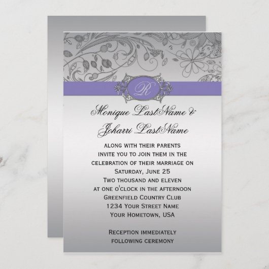 Paarse Silver Filigree Monogram Weddenschap Kaart (Voorkant / Achterkant)