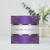 Paarse Silver Floral 25th Birthday Party Event Kaart (Staand voorkant)