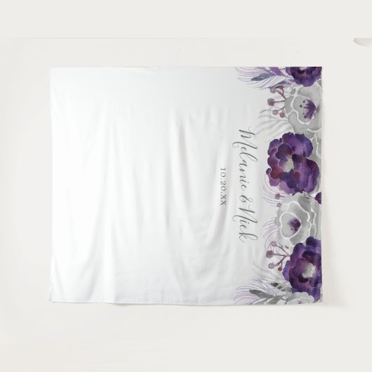 Paarse Silver Floral bruiloft foto achtergrond Wandkleed (Voorkant (horizontaal))