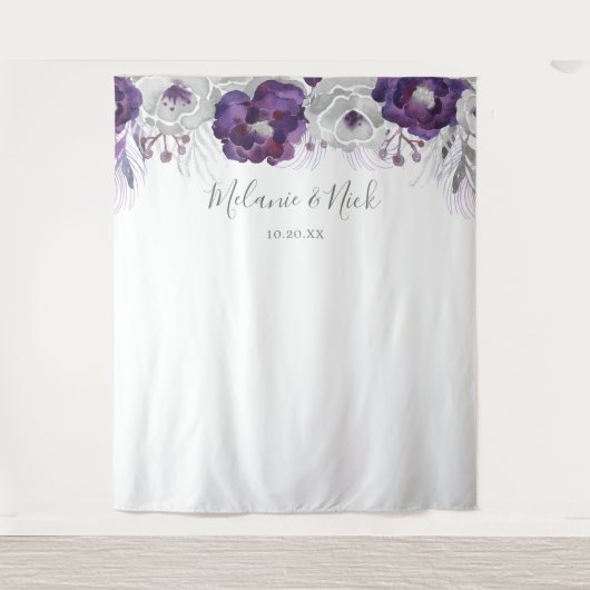 Paarse Silver Floral bruiloft foto achtergrond Wandkleed (Voorkant)