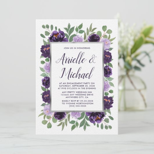 Paarse Silver Floral Engagement Party Uitnodiginge Kaart (Staand voorkant)