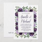 Paarse Silver Floral Engagement Party Uitnodiginge Kaart (Voorkant / Achterkant)