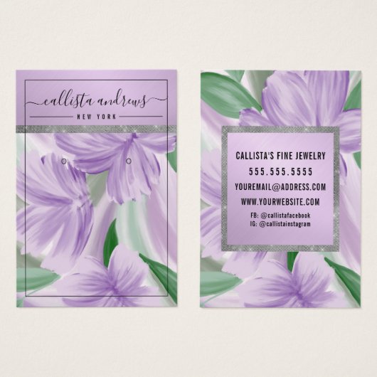 Paarse Silver Floral Glitter Earring Display Kaart (Voorkant /achterkant)