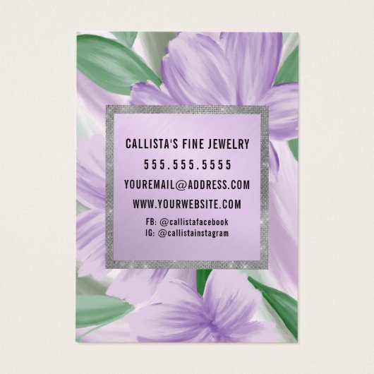 Paarse Silver Floral Glitter Earring Display Kaart (Achterkant)